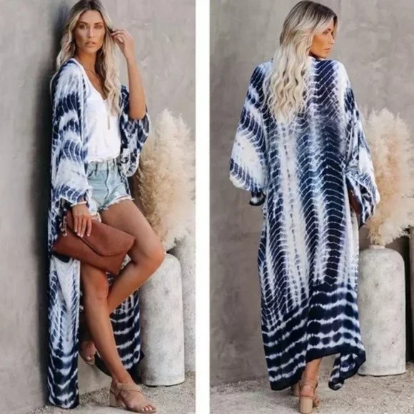Boho Blue Tie Dye Kimono Duster Coverup - Picture 5 of 13